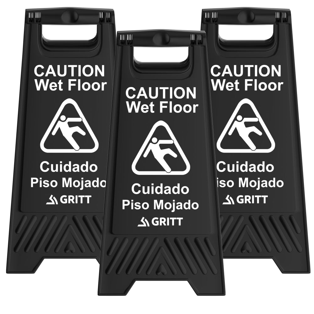 Gritt Commercial Caution Wet Floor Signs, Black, Pack Of 3 Signs