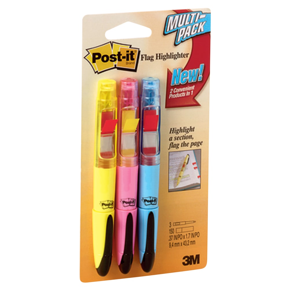 Post-it Flag Plus Highlighters, Assorted Colors, Pack Of 3
