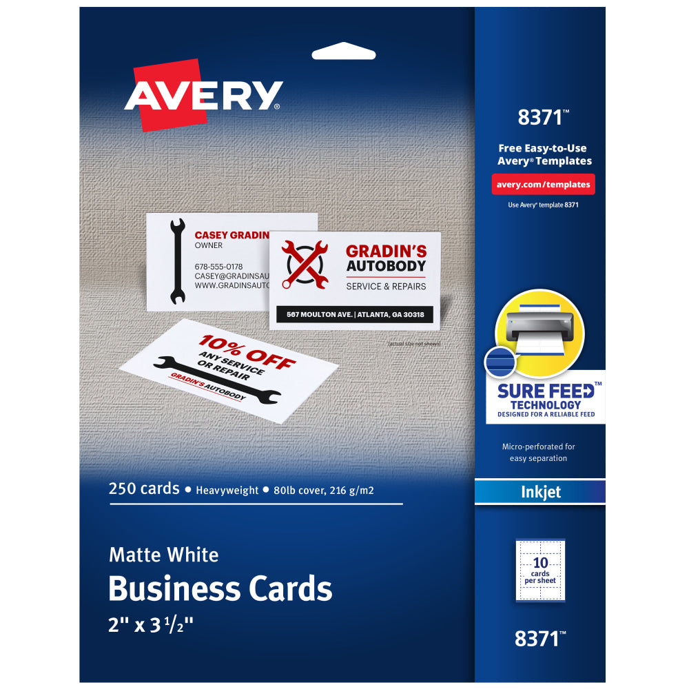 Avery Printable Microperforated Business Cards With Sure Feed Technology For Inkjet Printers, 2in x 3-1/2in, White, Pack Of 250 Blank Cards
