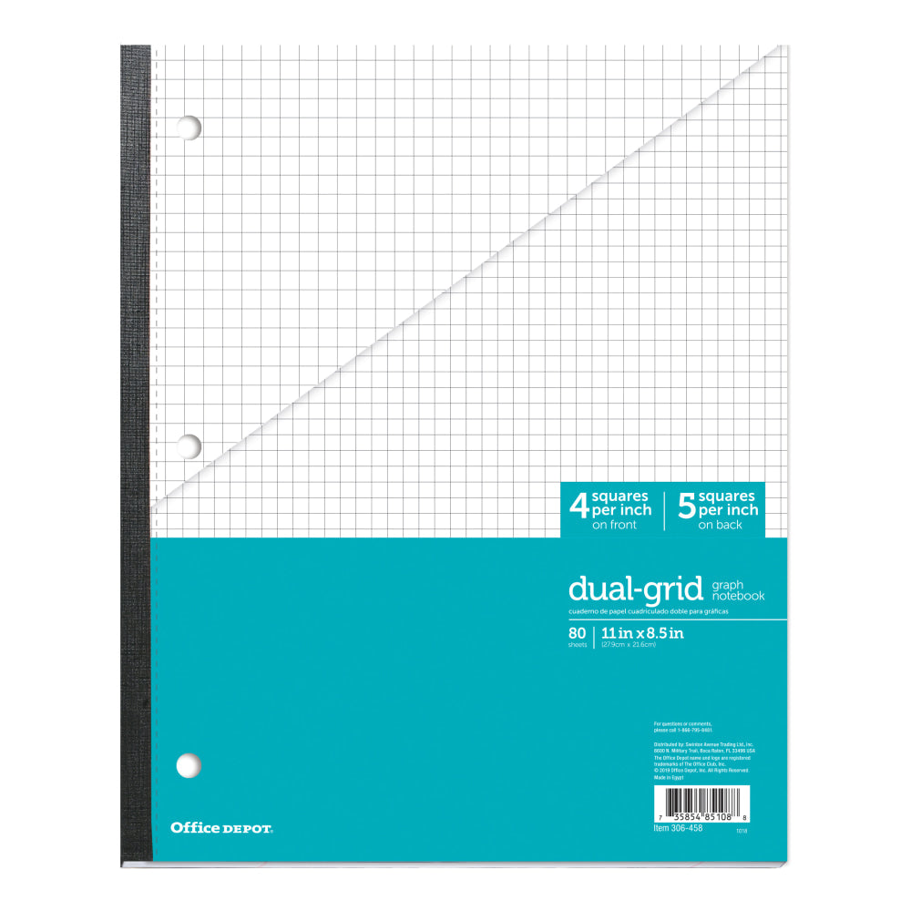 Office Depot Brand Wireless Notebook, 8-1/2in x 11in, 1 Subject, Dual-Sized Quadrille Ruled (4in x 4in, 5in x 5in), 80 Sheets, Teal/White