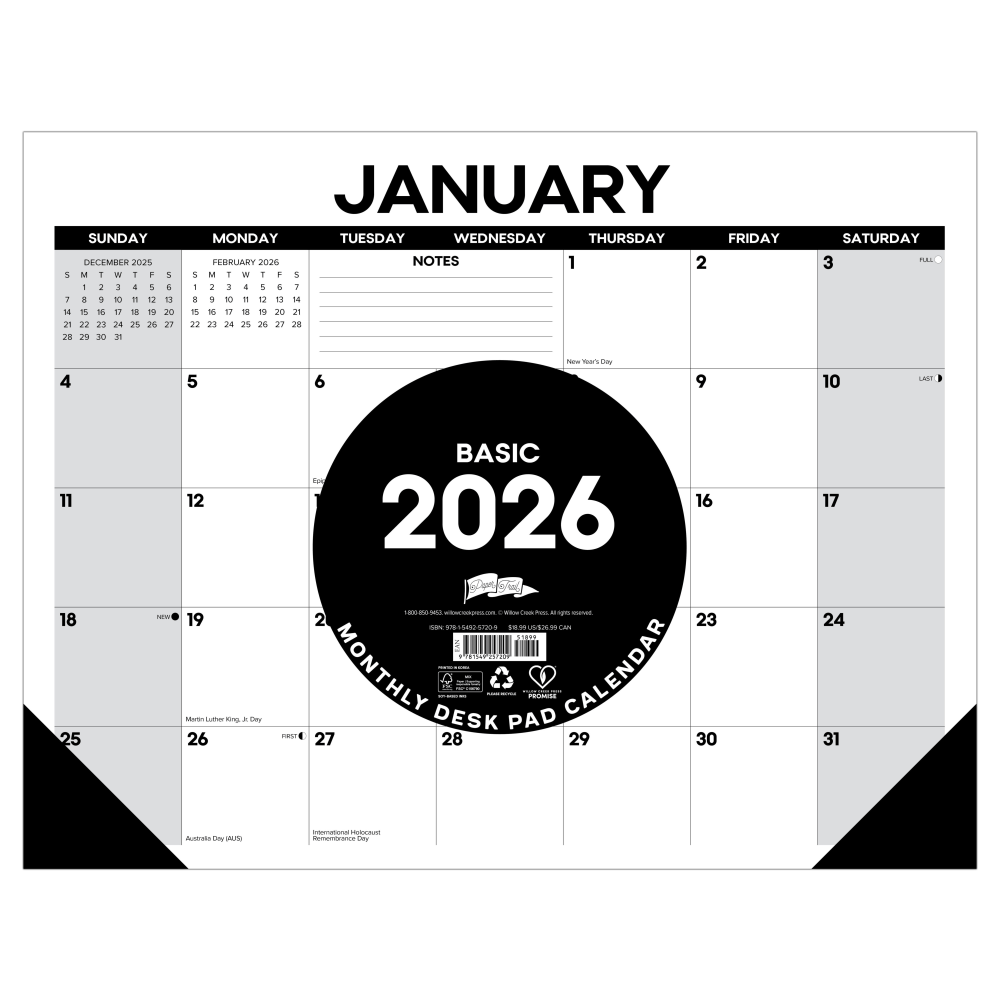 2026 Willow Creek Press Desk Pad Calendar, 22in x 17in, Basic, January To December, 57209