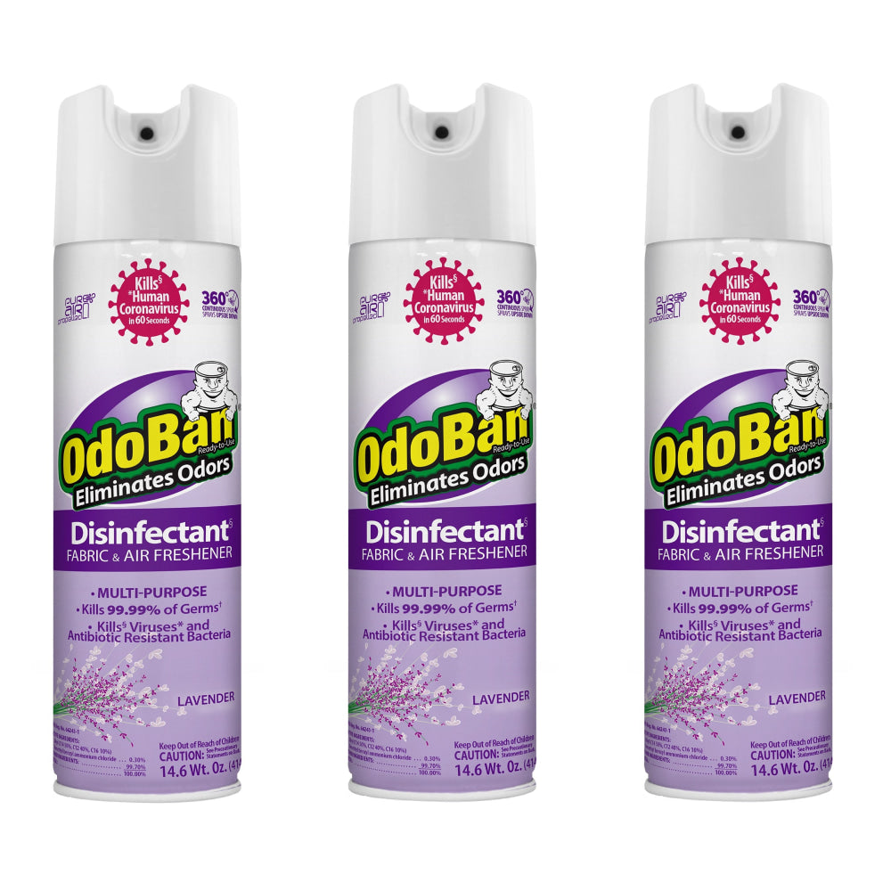 OdoBan Ready-to-Use 360-Degree Continuous Spray Disinfectant Cleaner and Odor Eliminator, Lavender Scent, 14.6 Oz, Set Of 3 Spray Cans