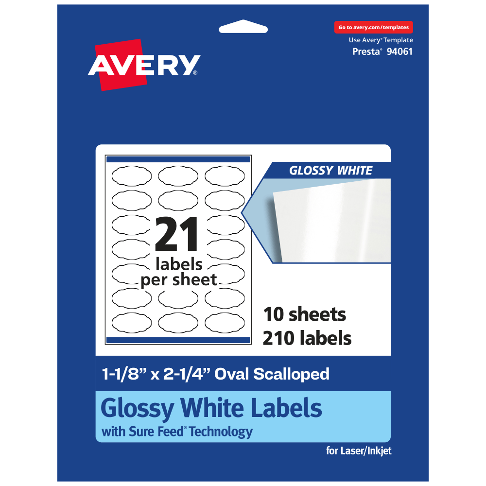 Avery Glossy Permanent Labels With Sure Feed, 94061-WGP10, Oval Scalloped, 1-1/8in x 2-1/4in, White, Pack Of 210