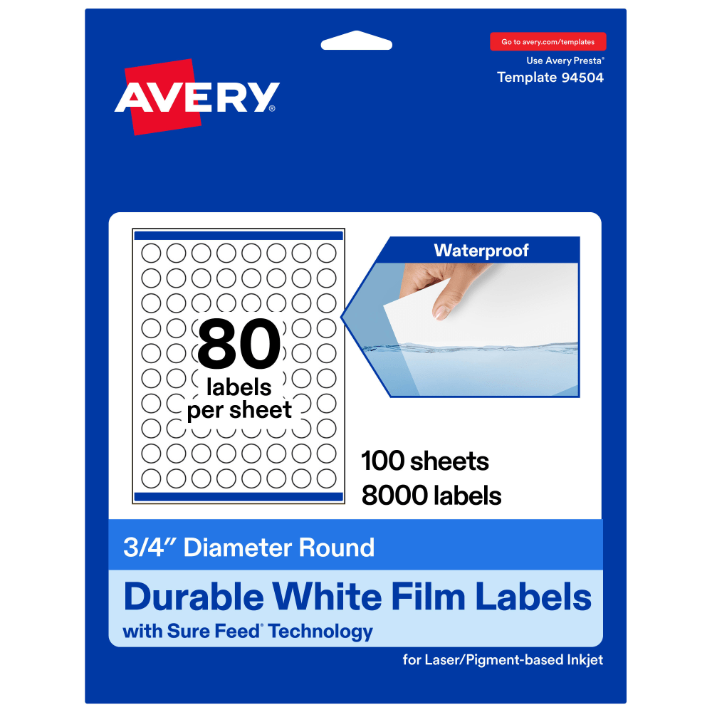 Avery Waterproof Permanent Labels With Sure Feed, 94504-WMF100, Round, 3/4in Diameter, White, Pack Of 8,000