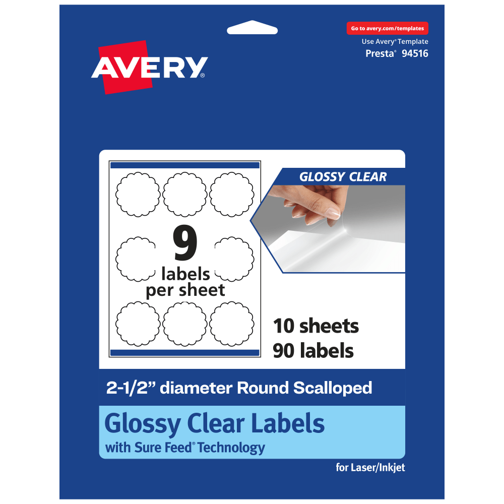 Avery Glossy Permanent Labels With Sure Feed, 94516-CGF10, Round Scalloped, 2-1/2in Diameter, Clear, Pack Of 90