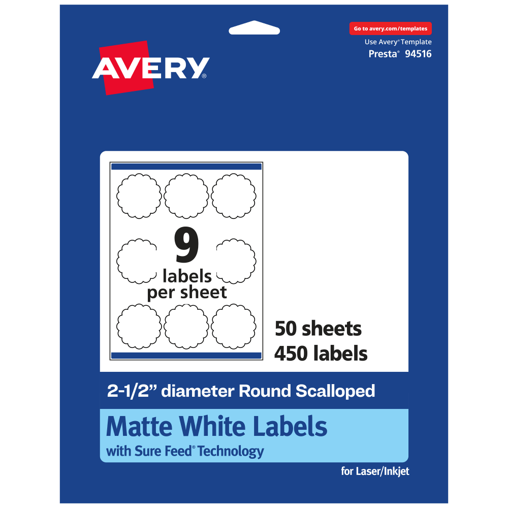 Avery Permanent Labels With Sure Feed, 94516-WMP50, Round Scalloped, 2-1/2in Diameter, White, Pack Of 450
