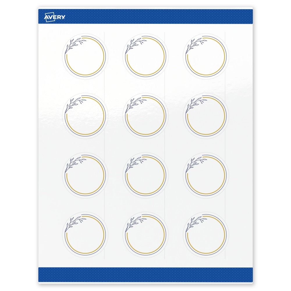Avery Print-To-The-Edge Labels & Sure Feed, S00-D2Z-PRWGP10, 2in Round, Glossy White, Preprinted Gold & Navy Border & Floral Design, Pack Of 120