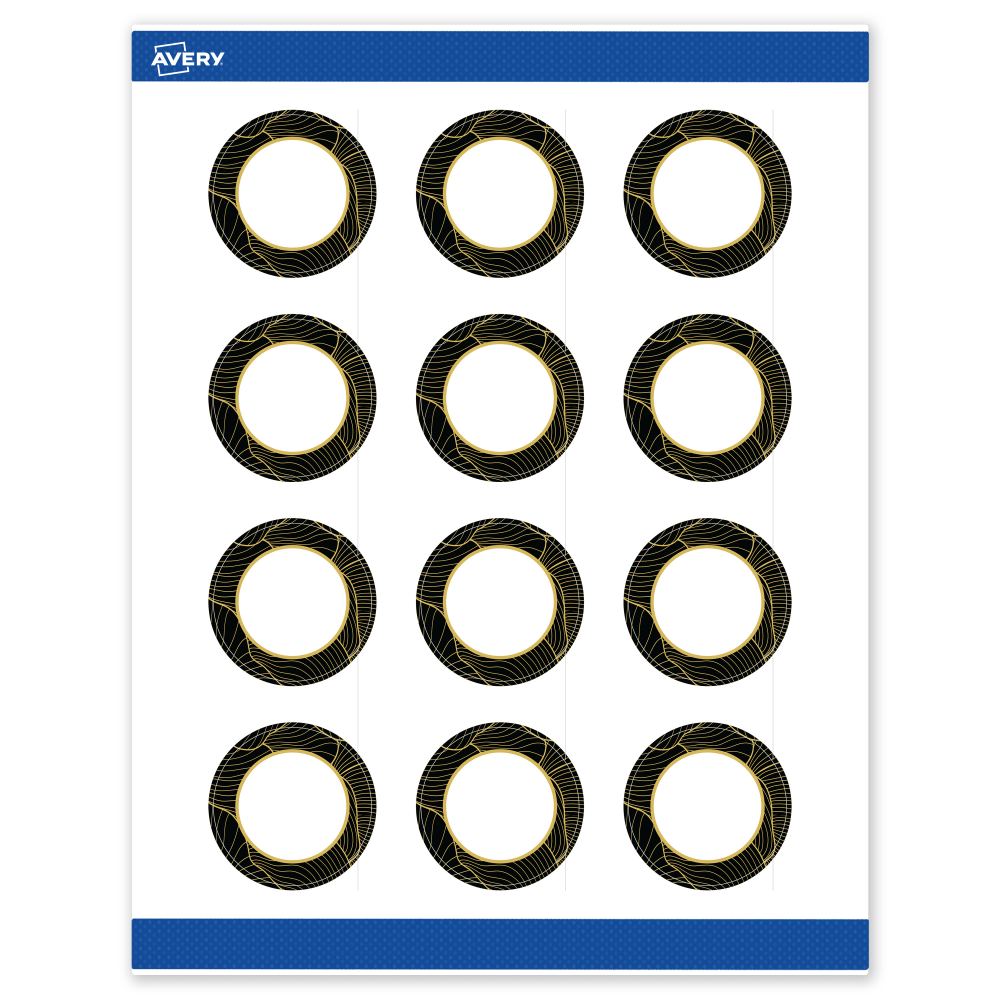 Avery Printable Labels With Sure Feed Technology, S00-ETJ, Round, 2in, Matte White With Preprinted Black/Gold Vein Border, Pack Of 120