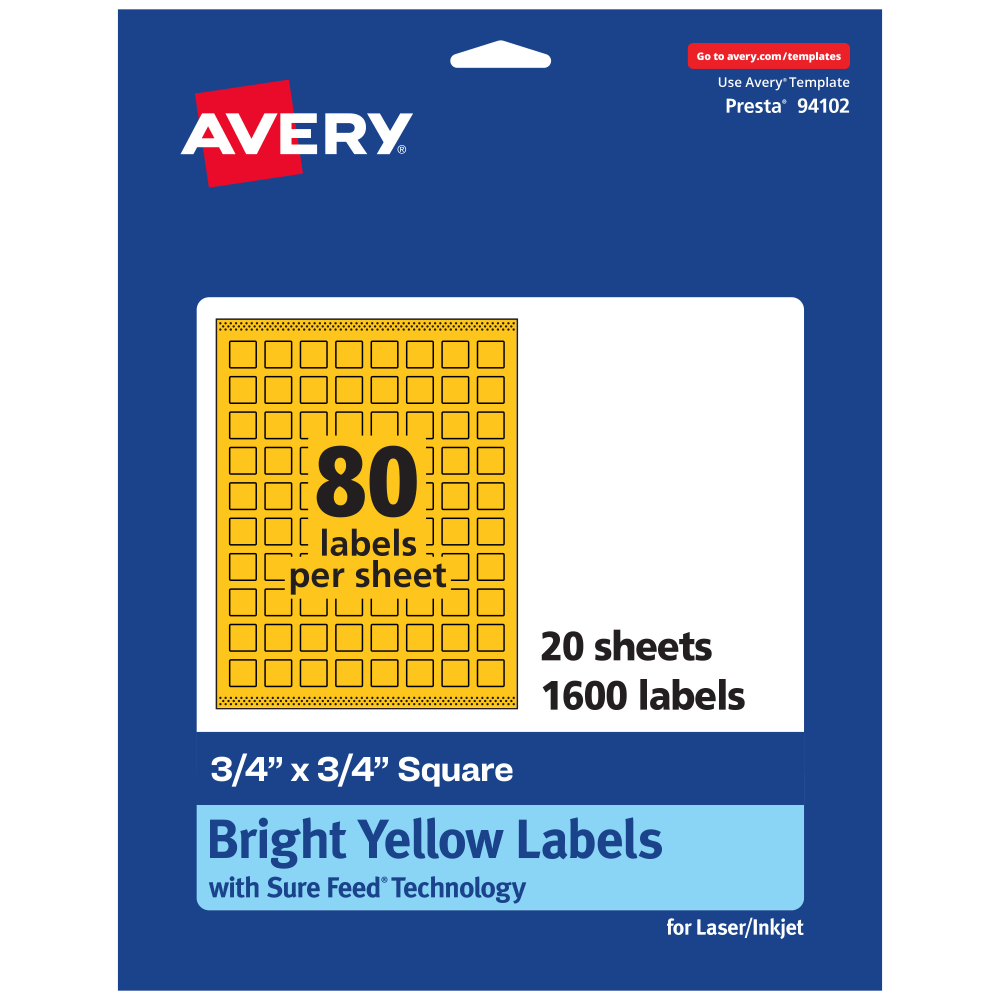 Avery Print-To-The-Edge Labels With Sure Feed Technology And Easy Peel, 94102-BYP20, Square, 3/4in x 3/4in, Matte Bright Yellow, Pack of 1600