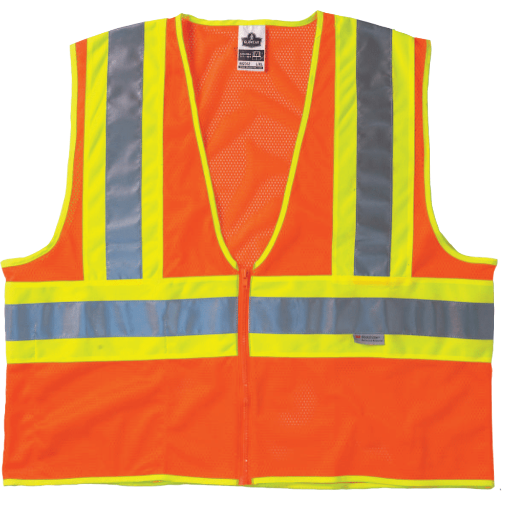 Ergodyne 8230Z Type R Class 2 Two-Tone Vest, Small/Medium, Zipper Closure, Mesh Fabric, Polyester Mesh, Orange, 1 Each