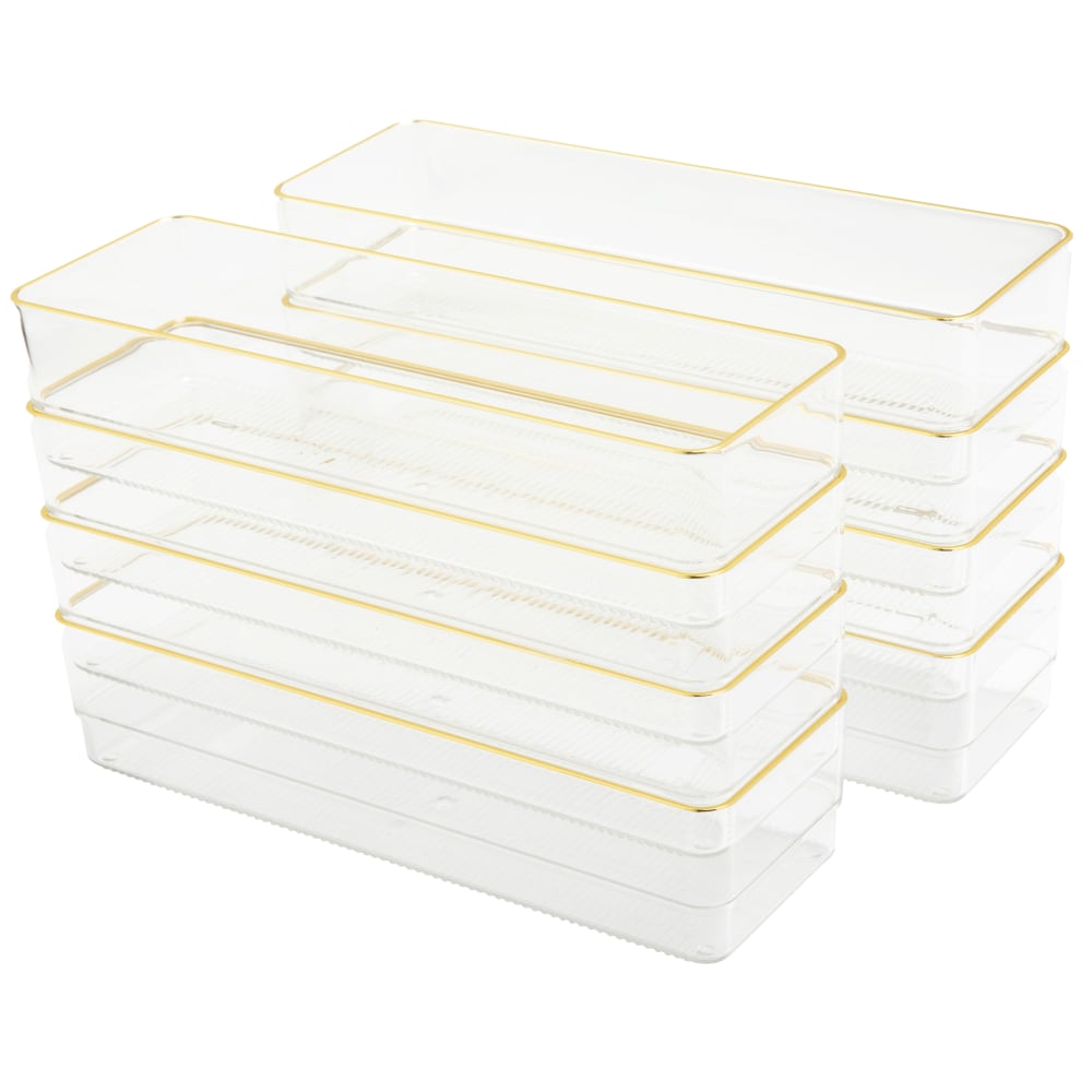 Martha Stewart Kerry Plastic Stackable Office Desk Drawer Organizers, 2inH x 3inW x 9inD, Clear/Gold Trim, Pack Of 8 Organizers