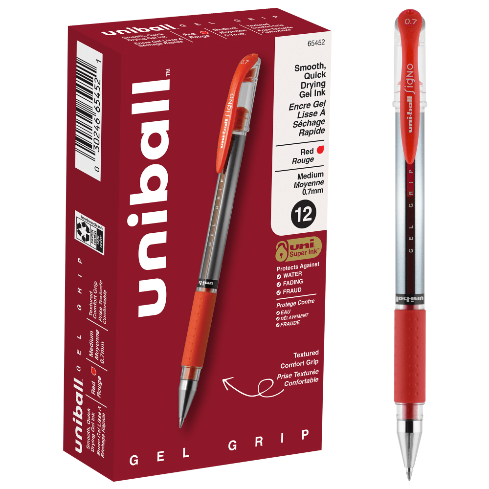 uni-ball Gel Grip Pens, Medium Point, 0.7 mm, Clear Barrel, Red Ink, Pack Of 12
