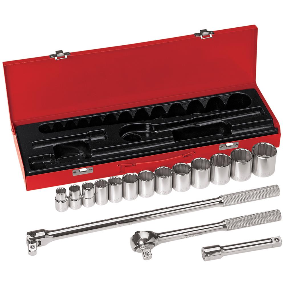 Klein Tools 16-Piece 1/2in Drive Socket Wrench Set, Red/Chrome
