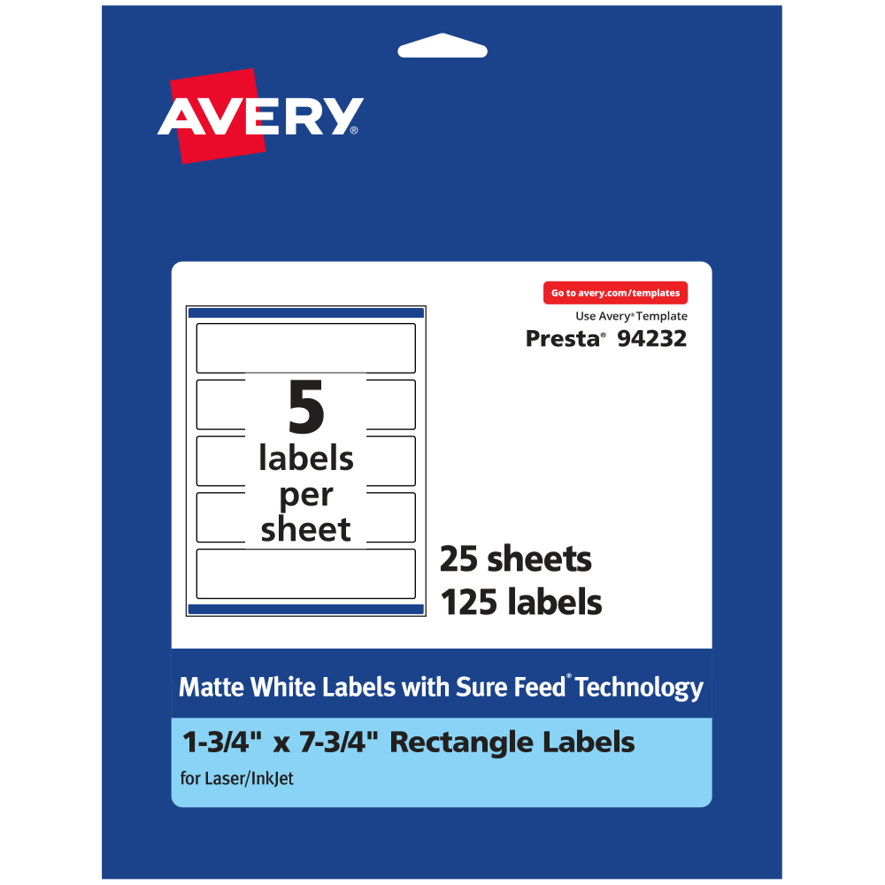 Avery Permanent Labels With Sure Feed, 94232-WMP25, Rectangle, 1-3/4in x 7-3/4in, White, Pack Of 125