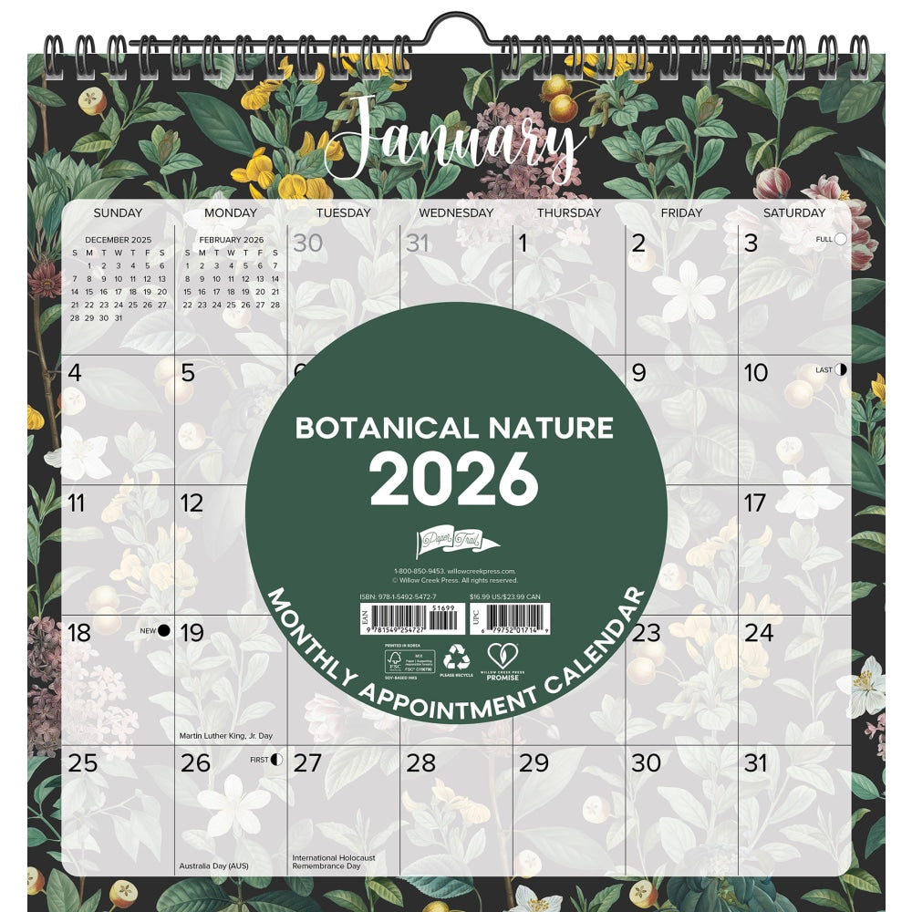2026-2027 Willow Creek Press Monthly Spiral Wall Calendar, 12in x 12in, Botanical Nature, July 2026 To June 2027, 54727