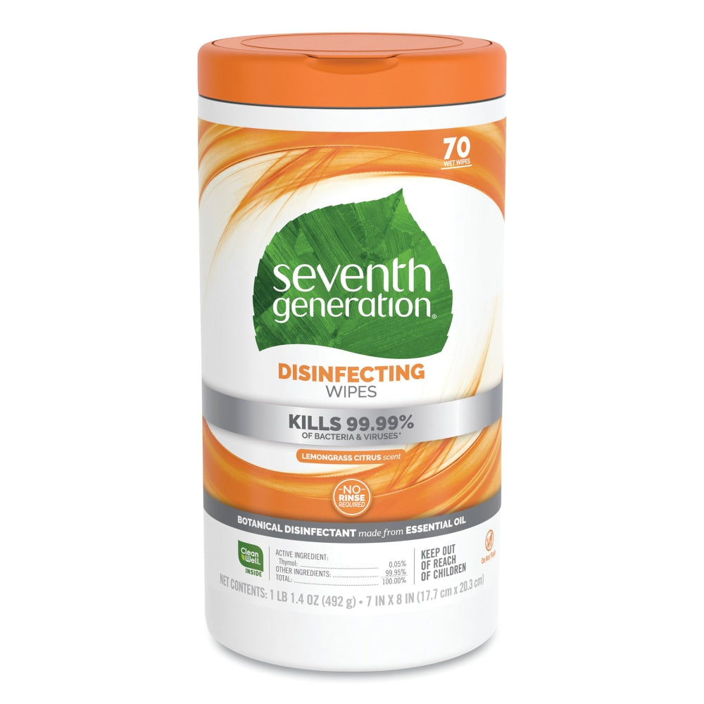 Seventh Generation Disinfectant Wipes, Lemongrass Citrus, Container Of 70 Wipes