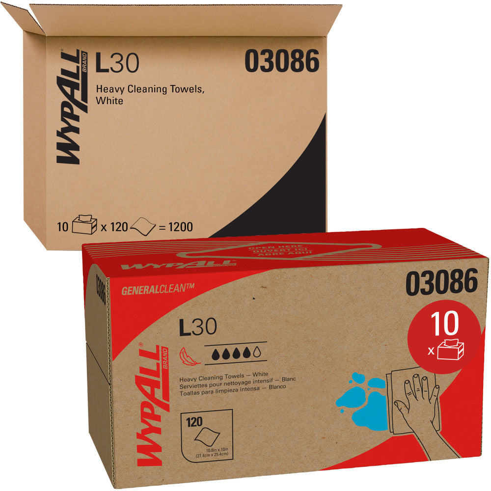 WypAll L30 Towels, POP UP Box, 10 x 9 4/5, White, 120/Box, 10 Boxes/Carton