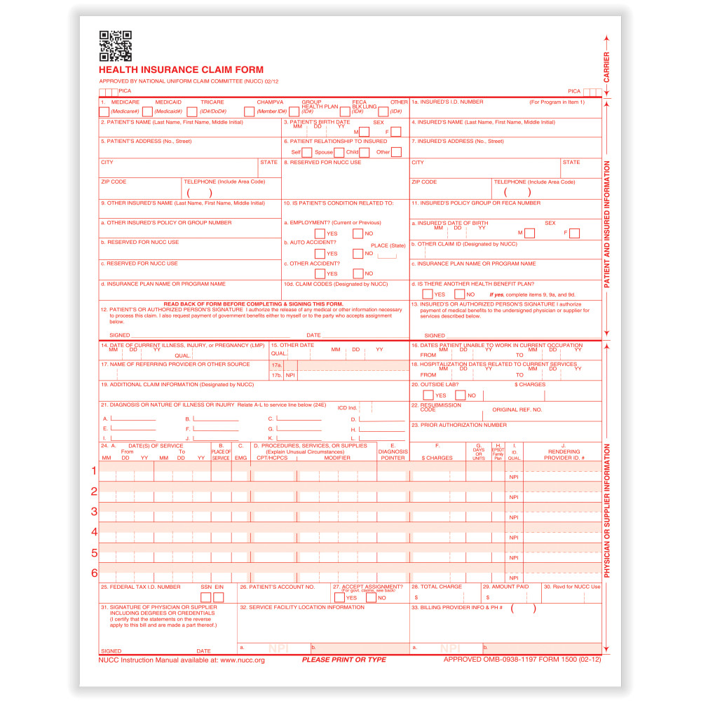 ComplyRight CMS-1500 Health Insurance Claim Forms, Laser-Cut Sheet, 8 1/2in x 11in, White, Box Of 1,000 Forms