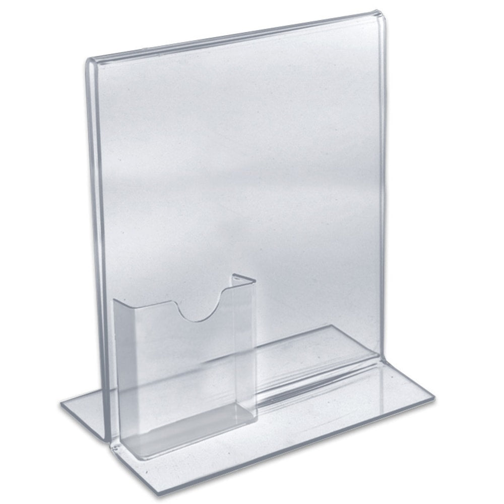 Azar Displays Double-Foot Acrylic Sign Holders With Attached Tri-Fold Pockets, 11in x 8 1/2in, Clear, Pack Of 10