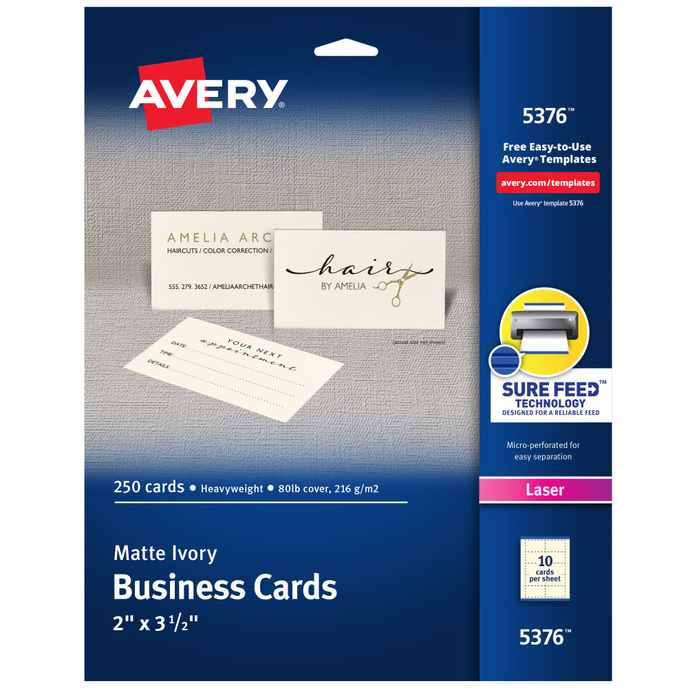 Avery Printable Microperforated Business Cards With Sure Feed Technology For Laser Printers, 2in x 3/1/2in, Ivory, Pack Of 250 Blank Cards
