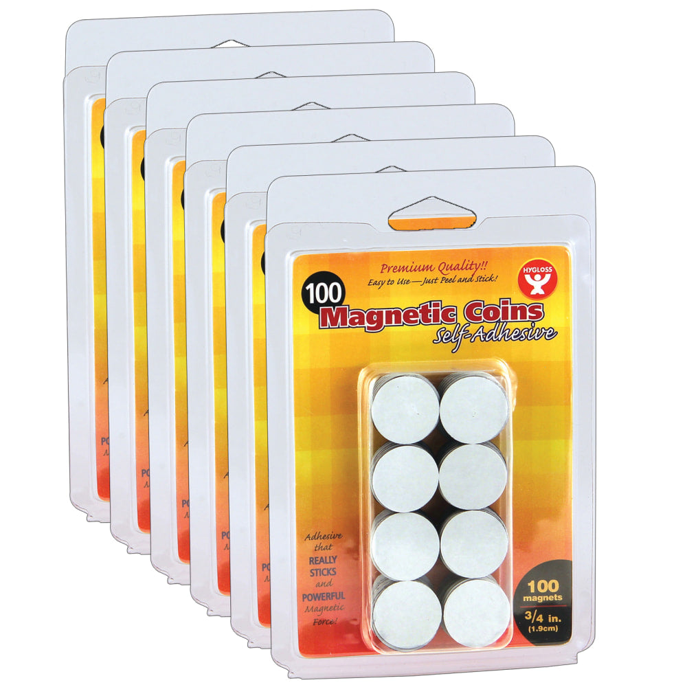 Hygloss Self-Adhesive Magnetic Coins, 3/4in x 3/4in, Black, 100 Coins Per Pack, Set Of 6 Packs