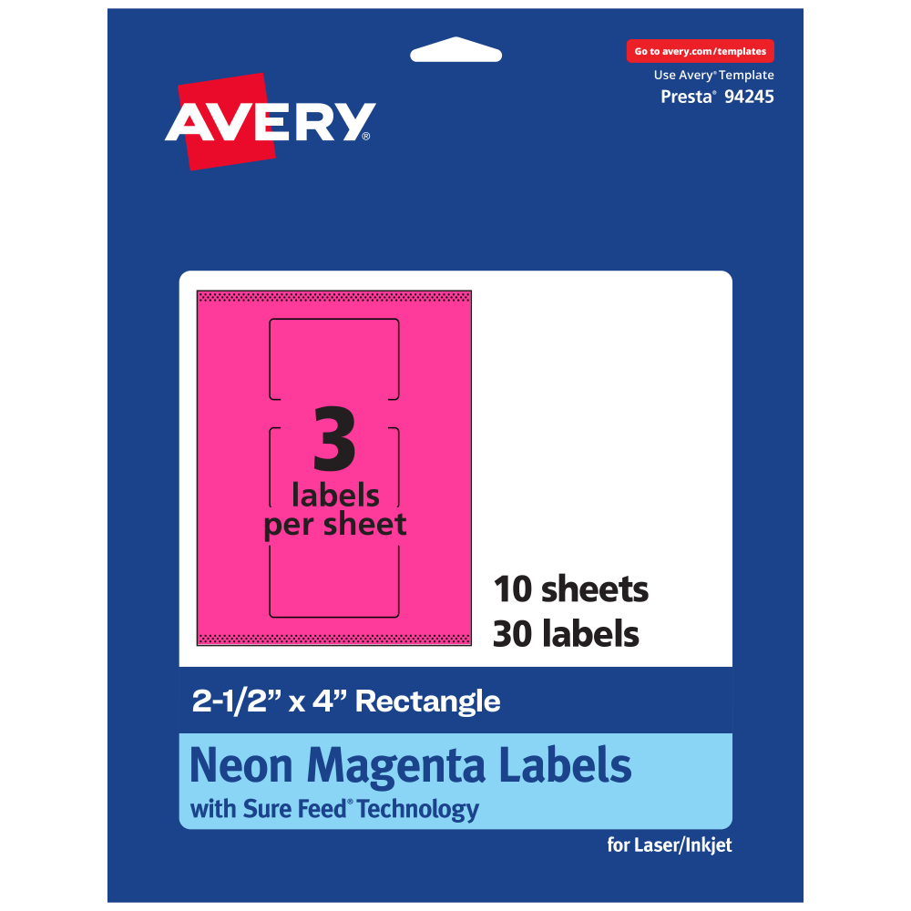 Avery Print-To-The-Edge Labels With Sure Feed Technology, 94245-NMP10, Rectangle, 2-1/2in x 4in, Matte Neon Magenta, Pack of 30