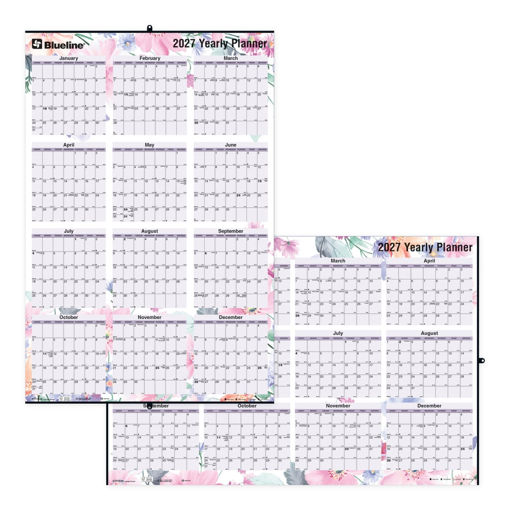 2027 Blueline Colorful Laminated, Reversible And Erasable Yearly Wall Planner, 24in x 36in, 100% Recycled, Passion, January To December, Total Qty 1