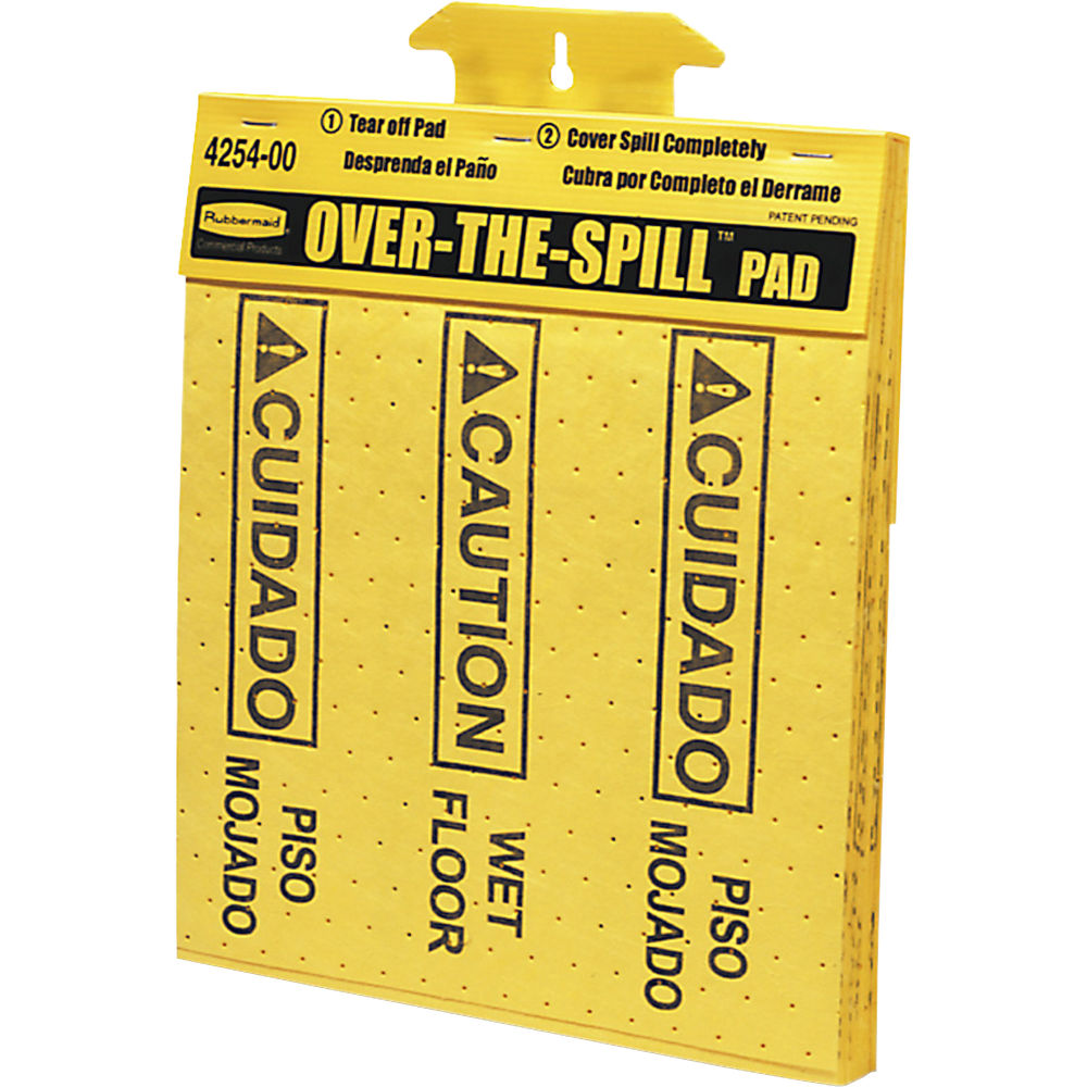 Rubbermaid Commercial Bilingual Over-The-Spill Pads, "Caution Wet Floor" And "cuidado Piso Mojado", Yellow, 25 Sheets Per Pad, Box Of 300 - 4254CT