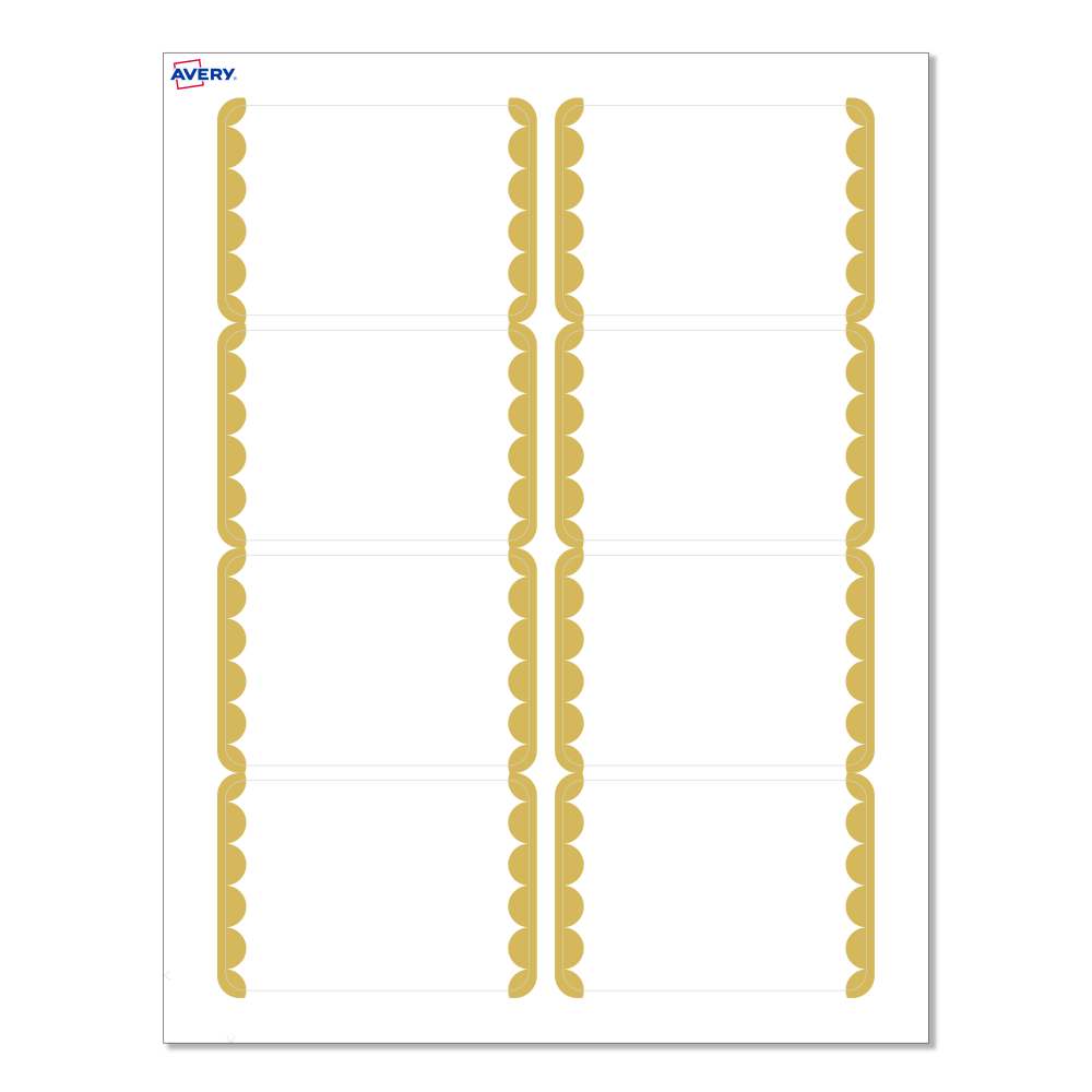 Avery Printable Adhesive Name Badges With Preprinted Designs, Rectangle, S00-EY3, 2-1/3in x 3-3/8in, Matte White With Gold Dots Edge Design, Pack Of 80