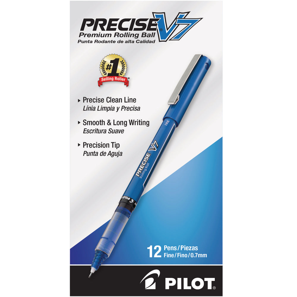 Pilot Precise V7 Liquid Ink Rollerball Pens, Fine Point, 0.7 mm, Blue Barrel, Blue Ink, Pack Of 12