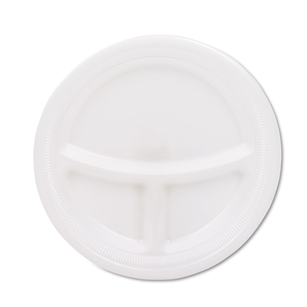 Dart Quiet Classic Laminated Foam Dinnerware Mediumweight Foam Plates, 3-Compartment, 9in dia, White, 125/PK