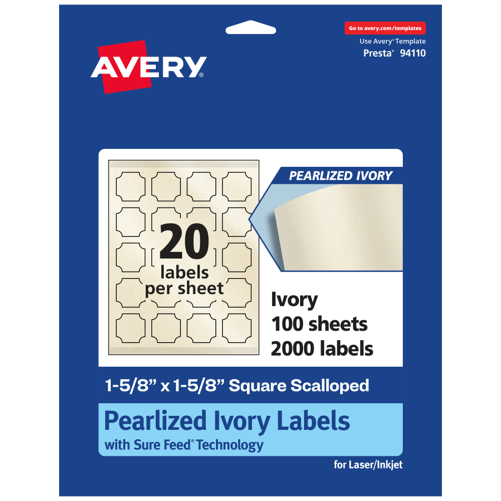 Avery Pearlized Permanent Labels With Sure Feed, 94110-PIP100, Square Scalloped, 1-5/8in x 1-5/8in, Ivory, Pack Of 2,000 Labels