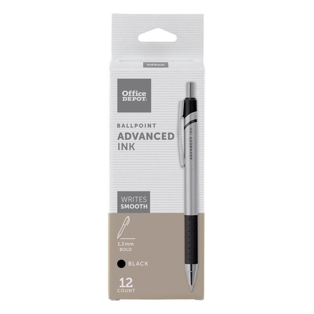 Office Depot Brand Advanced Ink Retractable Ballpoint Pens, Bold Point, 1.2 mm, Silver Barrel, Black Ink, Pack Of 12