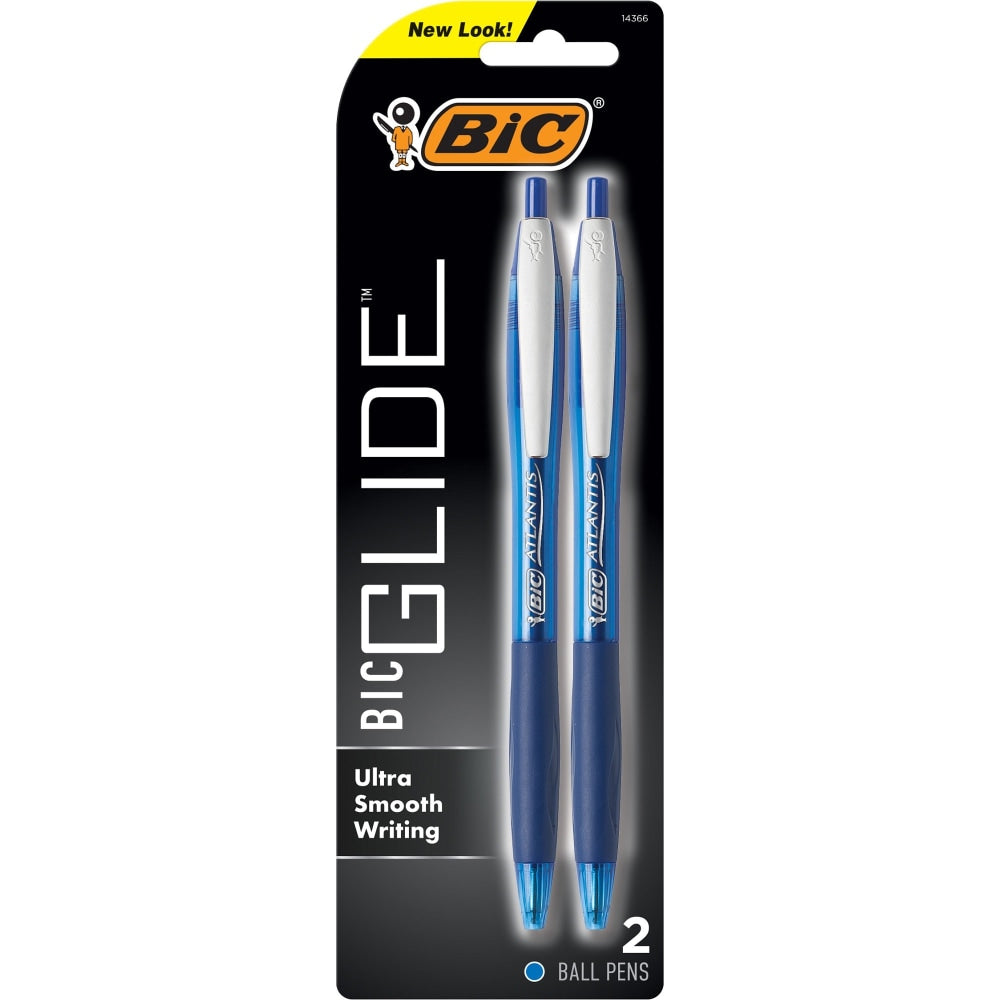 BIC Glide Pens, Pack Of 2, Medium Point, 1.0 mm, Blue/Nickel Silver Barrel, Blue Ink