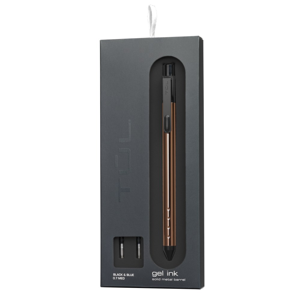 TUL Fine Writing Solid Metal Barrel Retractable Gel Pen With 2 Refills, Medium Point, 0.7 mm, Rose Gold Barrel, Black/Blue Ink