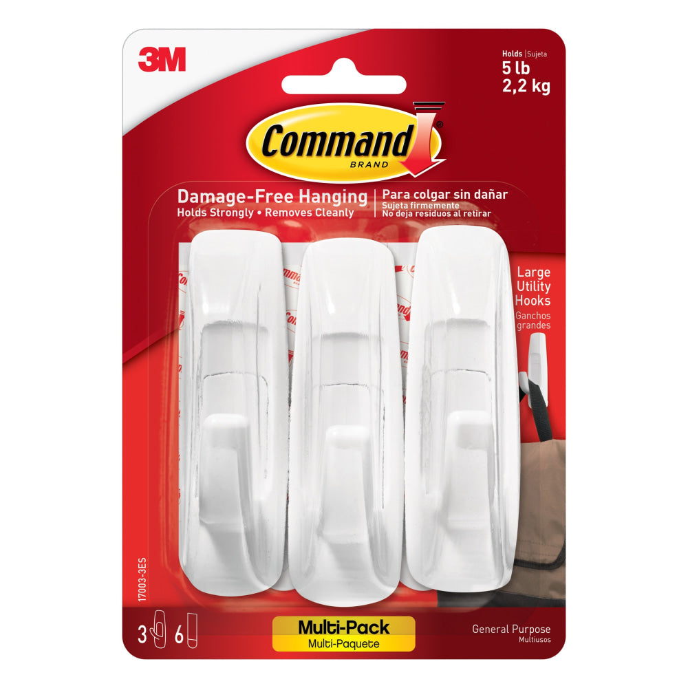 Command Large Utility Hooks, 3 Hooks, 6 White Adhesive Strips, Damage Free Hanging Picture Hangers, No Tools Wall Hanging for Back to School