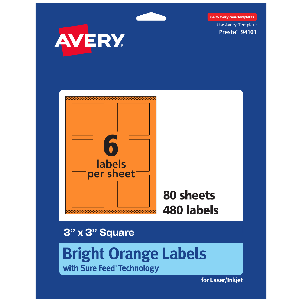 Avery Print-To-The-Edge Labels With Sure Feed Technology And Easy Peel, 94101-BOP80, Square, 3in x 3in, Matte Bright Orange, Pack of 480