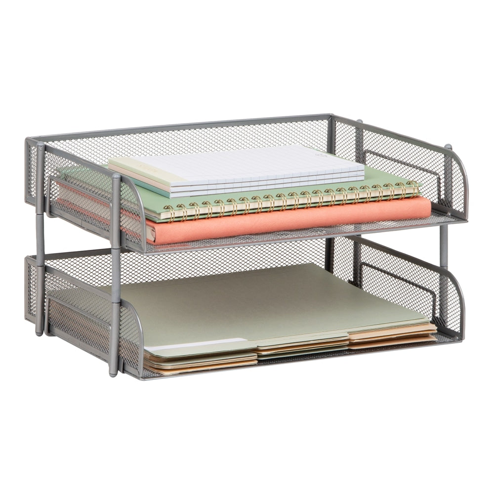 Mind Reader Stackable Desktop Organizer Paper Tray, 7-1/4inH x 10inW x 13-1/2inD, Silver, Set Of 2 Trays