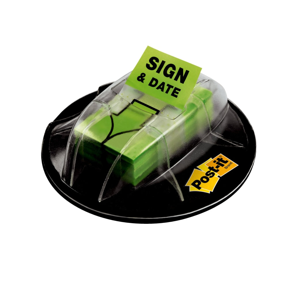 Post-it Message Flags in Desk Grip Dispenser, 1in x 1 -11/16in, 1 Pack, 200 Flags/Pack, "Sign & Date", Bright Green