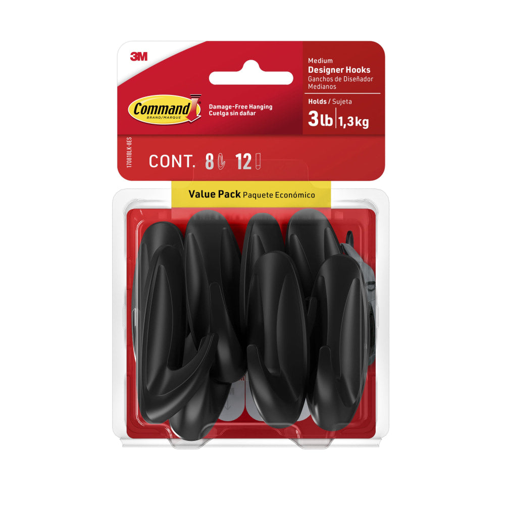 Command Medium Designer Hooks, 8 Command Hooks, 12 Strips, Damage Free Hanging Wall Hooks with Adhesive Strips, No Tools Wall Hooks