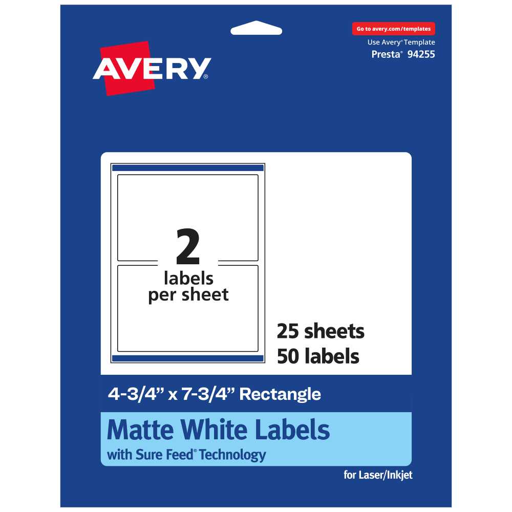 Avery Permanent Labels With Sure Feed, 94255-WMP25, Rectangle, 4-3/4in x 7-3/4in, White, Pack Of 50