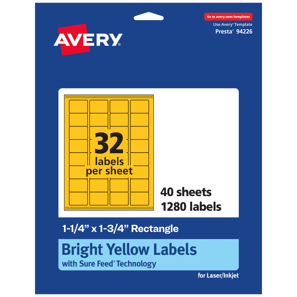 Avery Printable Labels With Sure Feed Technology, 94226-BYP40, Rectangle, 1-1/4in x 1-3/4in, Matte Bright Yellow, Pack of 1280