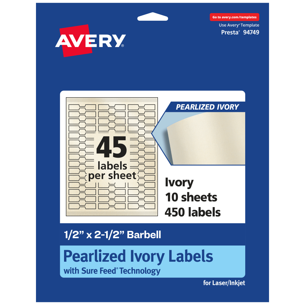 Avery Pearlized Permanent Labels With Sure Feed, 94749-PIP10, Barbell, 1/2in x 2-1/2in, Ivory, Pack Of 450 Labels