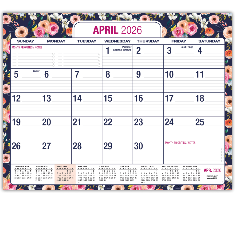 2026-2027 Excello Brands Academic Year Large Print Desk Pad Calendar, 22in x 17in, Navy Floral, April To December, Total Qty 1
