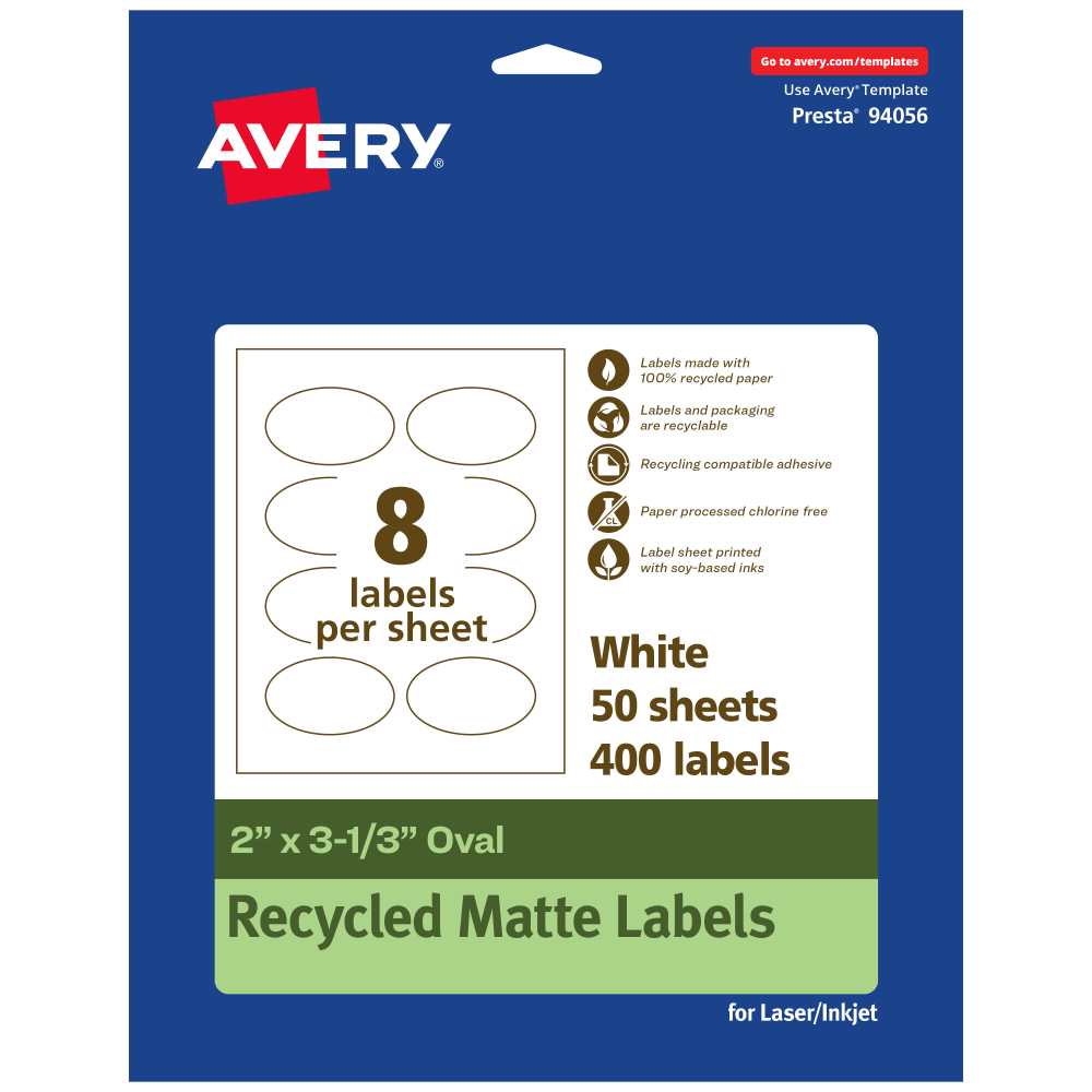 Avery Recycled Paper Labels, 94056-EWMP50, Oval, 2in x 3-1/3in, White, Pack Of 400