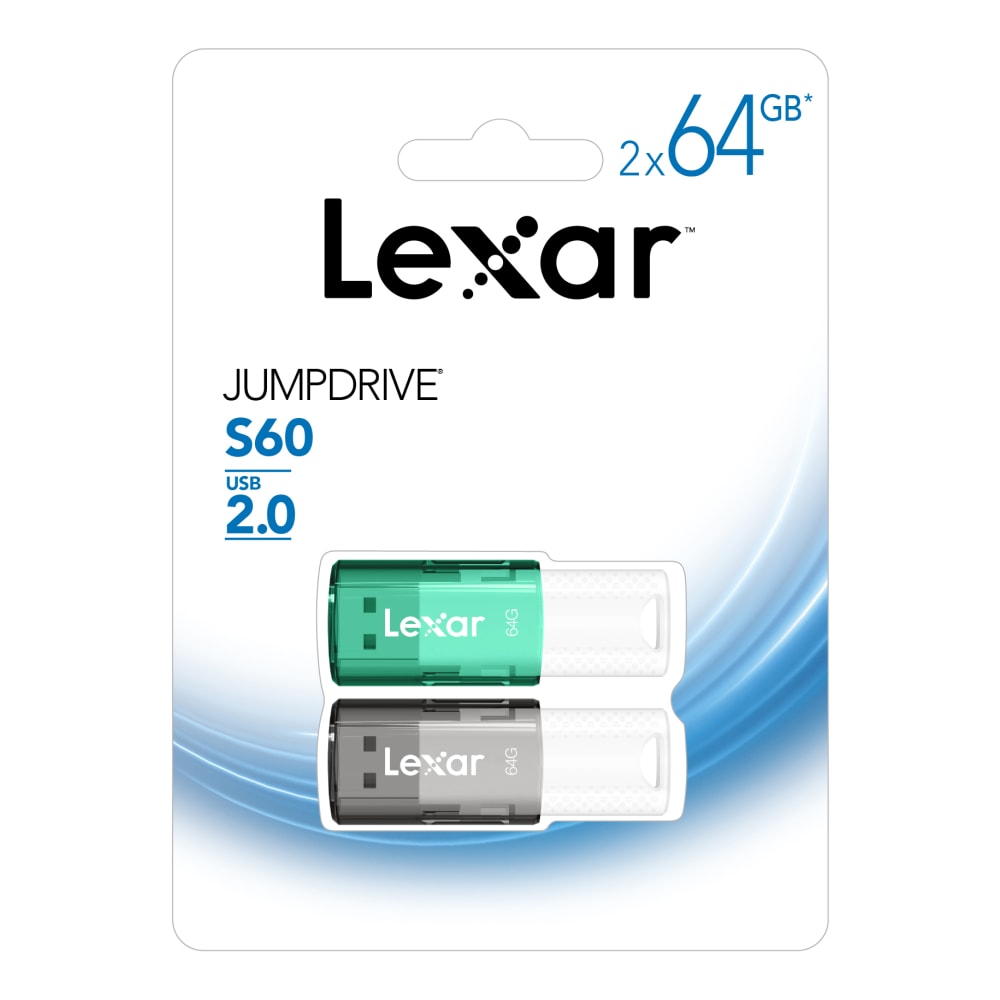 Lexar JumpDrive S60 USB 2.0 Flash Drives, 64GB, Black/Teal, Pack Of 2 Flash Drives, LJDS60-64GB2NNU
