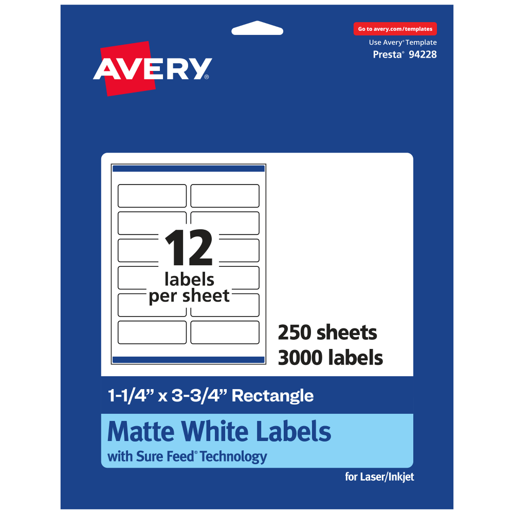 Avery Permanent Labels With Sure Feed, 94228-WMP250, Rectangle, 1-1/4in x 3-3/4in, White, Pack Of 3,000