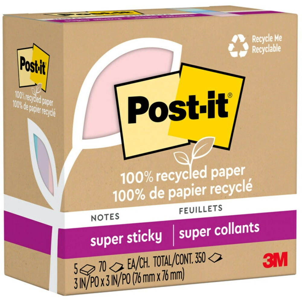 Post-it 100% Recycled Paper Super Sticky Notes, 3 x 3 in, 5 Sticky Note Pads, 70 Sheets/Pad, School Supplies and Office Products, Wanderlust Pastels