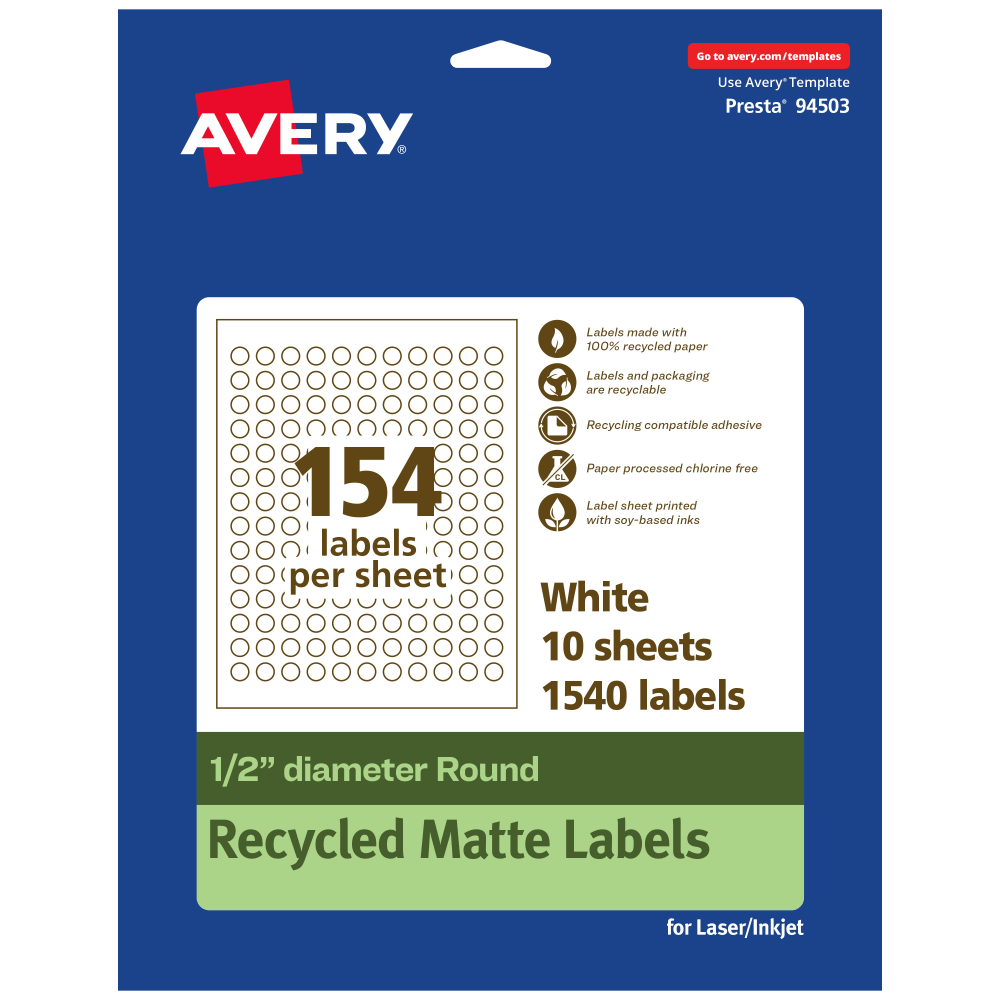 Avery Recycled Paper Labels, 94503-EWMP10, Round, -1/2in diameter, White, Pack Of 1540