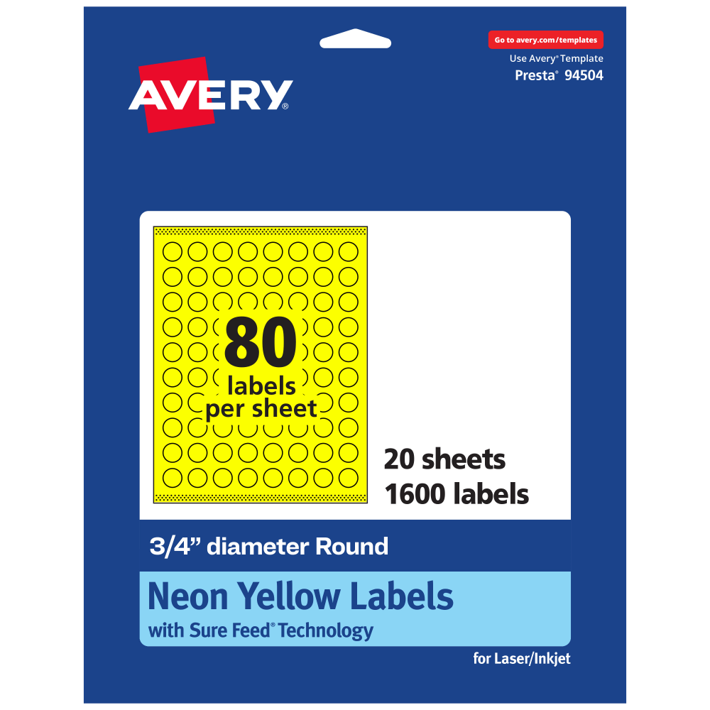 Avery Print-To-The-Edge Labels With Sure Feed Technology, 94504-NYP20, Round, 3/4in, Matte Neon Yellow, Pack of 1600